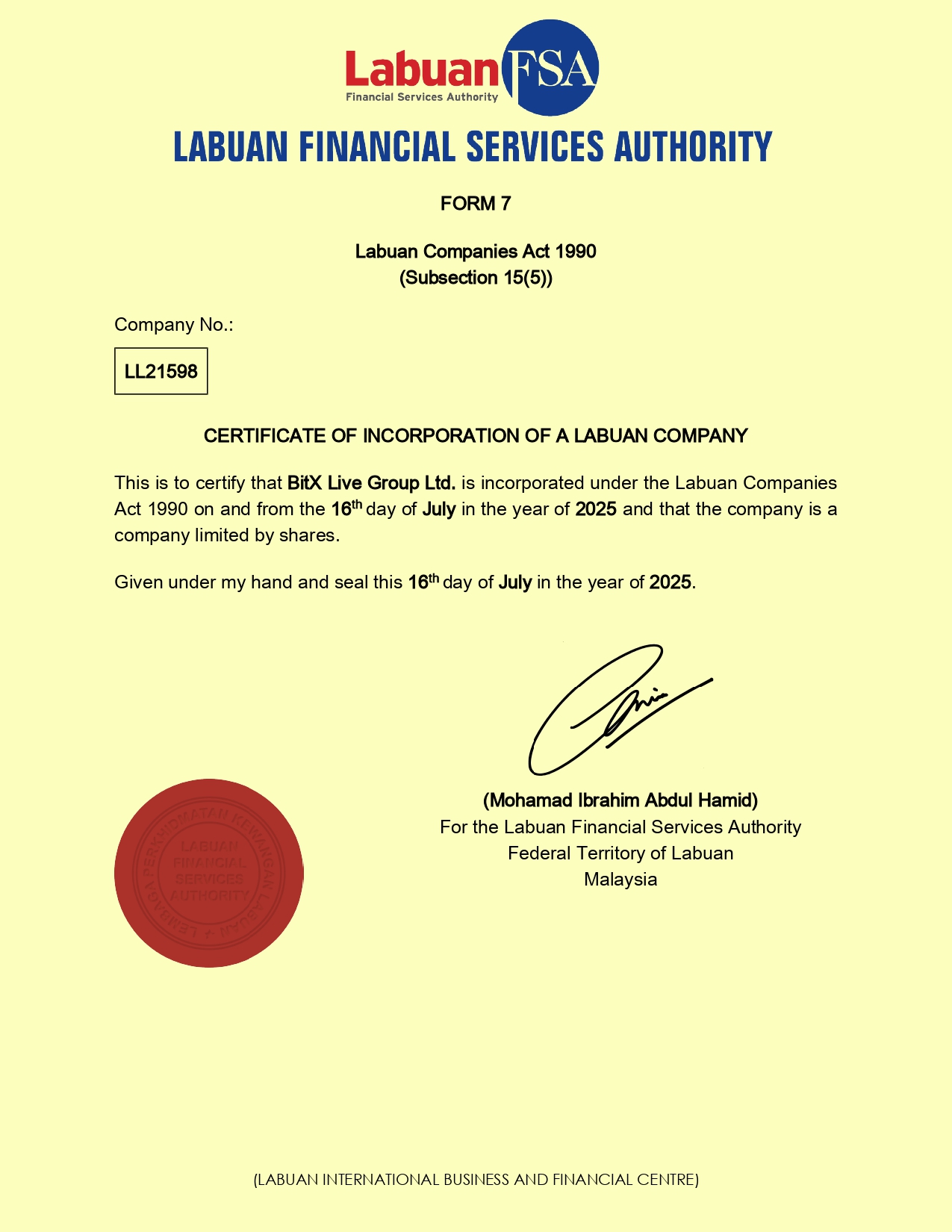 Labuan Financial Services Authority Certificate